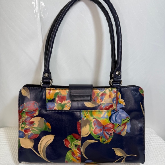 Patricia Nash Leather Rienzo- Le Fleur, Navy Floral Shoulder Bag - Picture 5 of 9